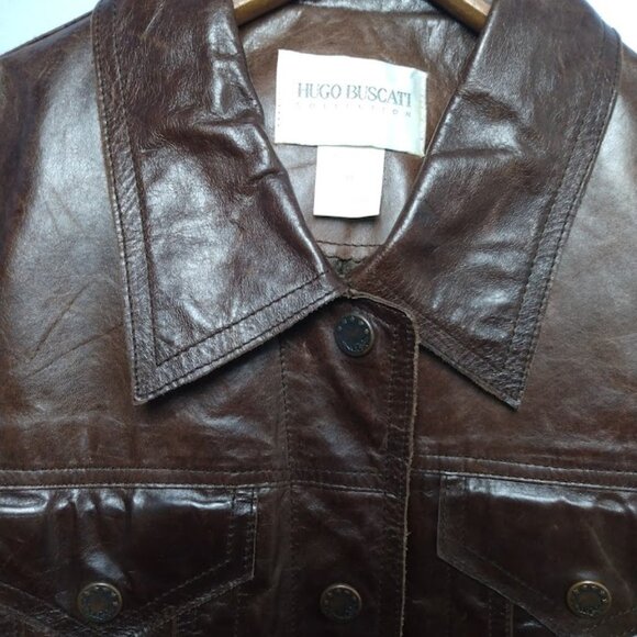 Hugo Buscati Leather Trucker Jacket Vintage Retro 70s Sz Med* Brown Snaps Lined - Picture 6 of 16